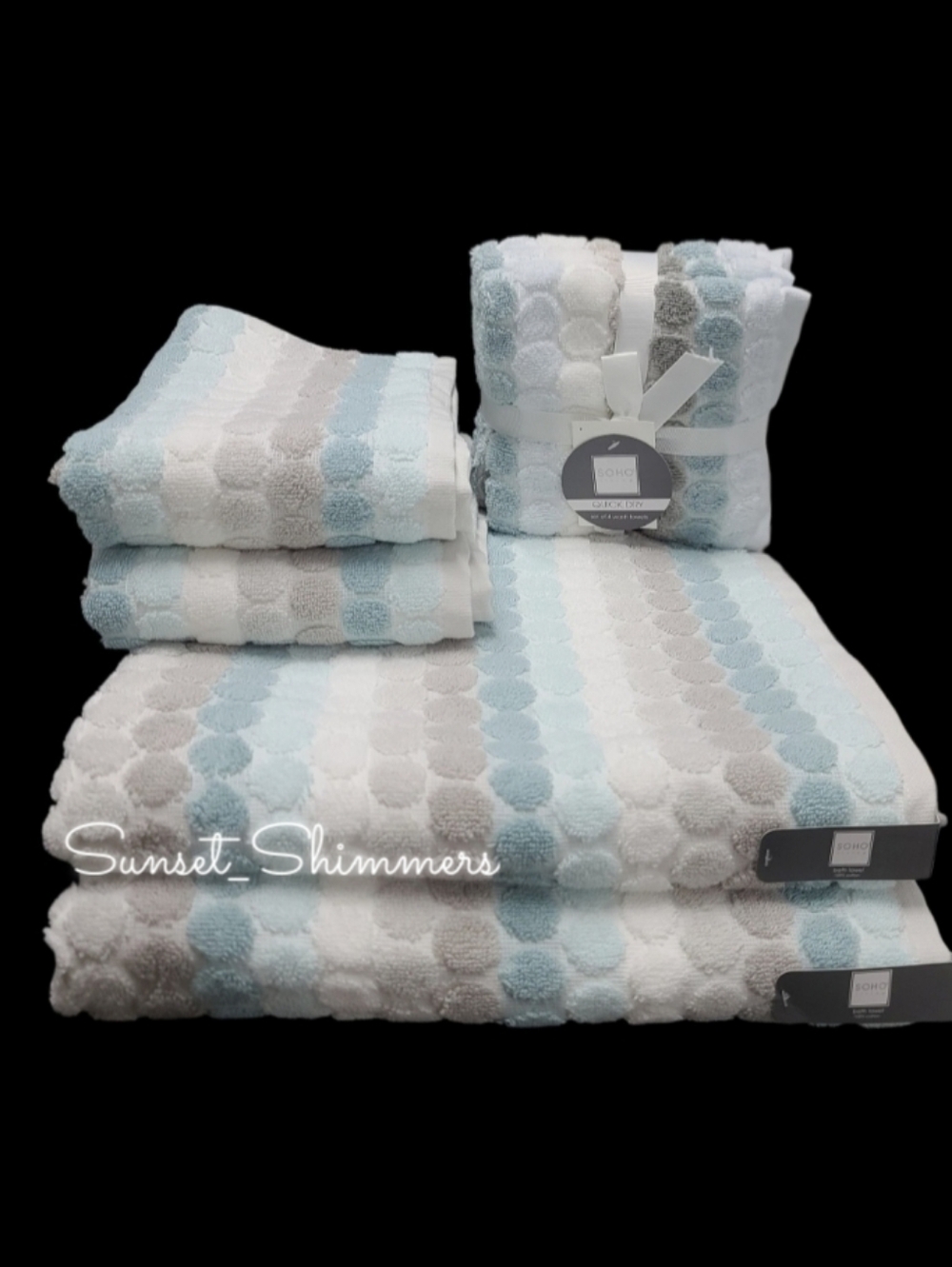 8pc Soho Living Bath Hand Washcloth Striped Dot Aqua Blue Gray Towel Set New